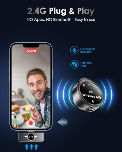 Wireless Lavalier Microphone for iPhone/Android, Lapel Mics with USB-C Plug-Play, Mini Mic with 2.4GHz Noise Cancellation, Charging Case Included, 300ft Range (Lightning)