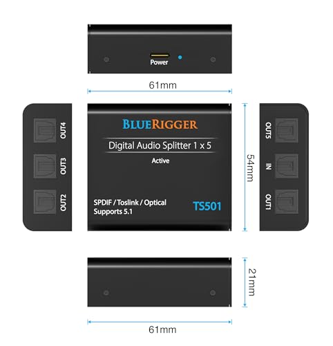 BlueRigger Digital Optical Audio Splitter (1x5 Active Toslink Splitter) - size: 1x5, style: Active