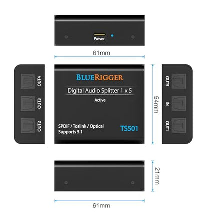 BlueRigger Digital Optical Audio Splitter (1x5 Active Toslink Splitter) - size: 1x5, style: Active