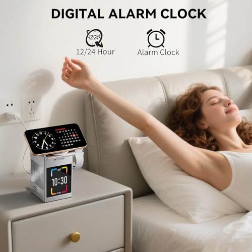 7-in-1 Magnetic Wireless Charging Station, Qi2 15W Fast Charging (Sliver) | Multifunctional Charger for Apple Multiple Devices, LCD Display with Bluetooth 5.3 Speaker, Alarm Clock (Adapter Included)