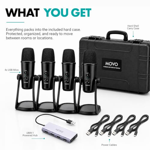 Movo 4-Person USB Podcast Equipment Bundle – 4 Condenser Mics, Hub & Case - color: Black