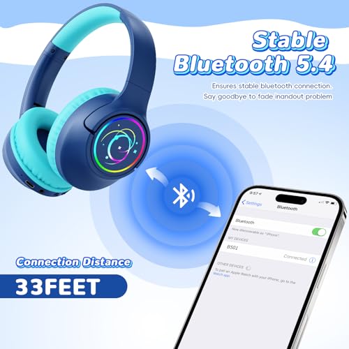 Kids Bluetooth Headphones with 85H Playtime for Toddler Boy, Navy with LED - color: Navy Blue