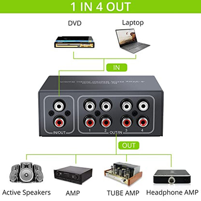 4-Way Bi-Directional RCA Stereo Audio Switch, 1 in 4 Out or 4 in 1 Out, L/R Sound Channel Audio Switch Splitter RCA Stereo Switch Selector for DVD Stereo Speaker CD Player (4-Way) - color: 4-Way