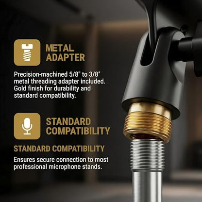 Upgraded Adjustable Microphone Clip, Universal Mic Clip Holder for Mic Stand, Compatible with Dynamic Microphone, Come with 5/8" to 3/8" Screw Adapter