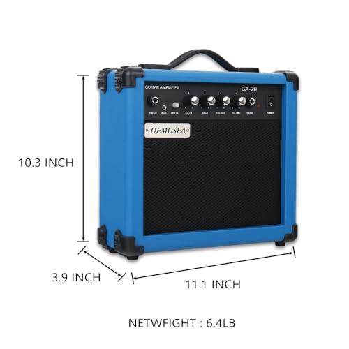 20W Electric Guitar Blue Amplifier Guitar Amp Practice Small Portable Travel with Headphone Jack Aux Distortion Gain Treble Bass Volume with 3 Meters Cable Adapter Pick Earphone Aux Cable - color: Blue