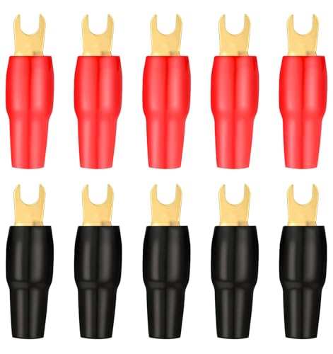 10Pcs 4 Gauge Wire Connectors, 4-Gauge Spade Terminals for Speaker Wire | Insulated Fork Connectors for Car Audio & Home Theater, Red & Black