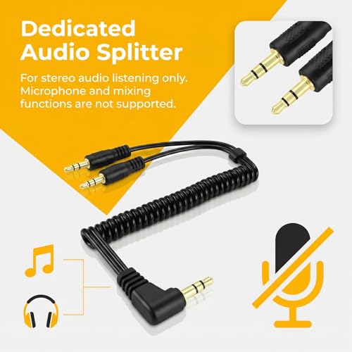 Yeebline 90 Degree 3.5mm Male to 2 Male Audio Splitter Coiled Cable, 2 Way 1/8" TRS Spring Aux Y Splitter Cord for Headphone and Speaker Sharing, Compatible with Phones, Laptops