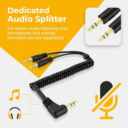 Yeebline 90 Degree 3.5mm Male to 2 Male Audio Splitter Coiled Cable, 2 Way 1/8" TRS Spring Aux Y Splitter Cord for Headphone and Speaker Sharing, Compatible with Phones, Laptops