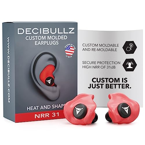 Decibullz Custom Molded Ear Plugs, 31dB NRR Shooting Ear Protection (Red) | Reusable & Re-moldable, For Range Officers, Jobsite Crews & Musicians, Travel & Concert Use, Earplugs, American Company - color: Red