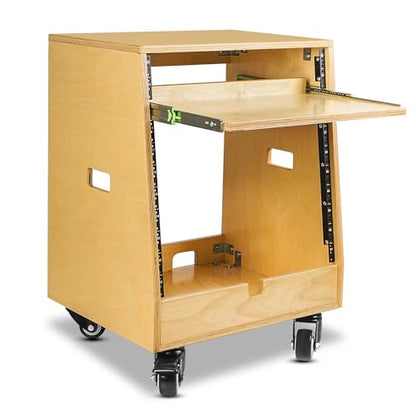 Sound Town DIY Slanted 10U Studio Rack (2U Top + 8U Lower), with 2U Bottom Storage, Slide-Out Tray, Caster, Plywood, Golden Oak For Recording Room, Home Studio (SDRK-ST10T) - size: 10U(2U Top + 8U Lower),Golden Oak