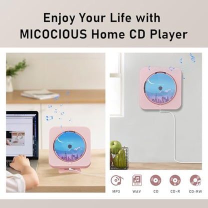 MICOCIOUS Portable CD Player with Bluetooth Desktop CD Player for Home CD Music Players with Remote Control,Timer,Built-in Dual Speakers with LED Display Home Audio Boombox FM Radio (Pink) - color: Pink