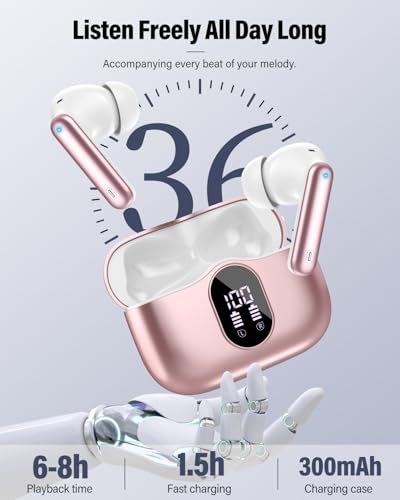Wireless Earbuds, Bluetooth 5.4 Headphones Bass Stereo/Clear Call,Rose Gold | Ear Buds with Noise Cancelling Mic LED Display in Ear Earphones IP7 Waterproof 36H Bluetooth Earbuds for Phones/Sport/Laptop - color: Rose Gold