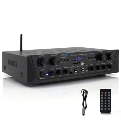 Pyle 4-Channel Audio Amplifier with Bluetooth - Home Stereo Receiver w/ 500W Max Power - Commercial or Karaoke - Dual Mic Input with Echo, Vol, Talk-Over - AUX In - Sub Out - USB-A MP3 Player, AM/FM