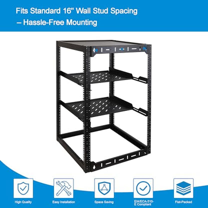 RackPath 20U Open Frame Network Rack with 2X 14in Vented 1U Shelves Rear Support, Wall Mount/Floor Standing Network Cabinet, Heavy Duty 150 lbs Capacity for IT & AV Gear, Audio and Video Device - size: 20U