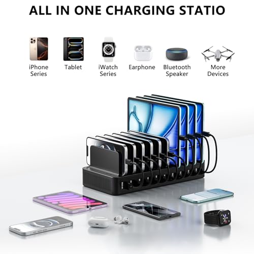 USB C Charging Station for Multiple Devices, 10-Port 100W Charging Dock, with Adjustable Dividers, USB-C Power Hub, Compatible with iPhone/Samsung/Google/Tablets/USB Devices (with 10 Cables)