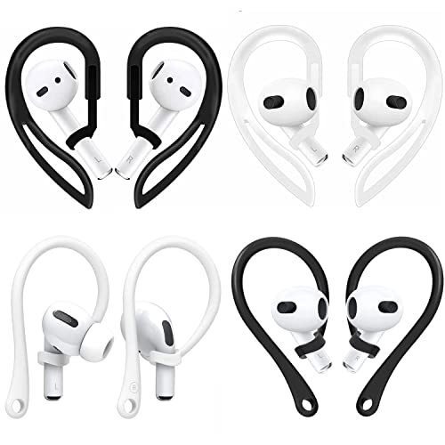 JNSA 4 Pairs Ear Hooks Designed for AirPods Pro，3 & 2 & 1, Earbuds Accessories, Anti-Slip, Ergonomic Design, Anti-Slip Sports Ear Hooks, Comfortable Fit, 2 Style 4 Pairs (Clear/Black/White/Black)