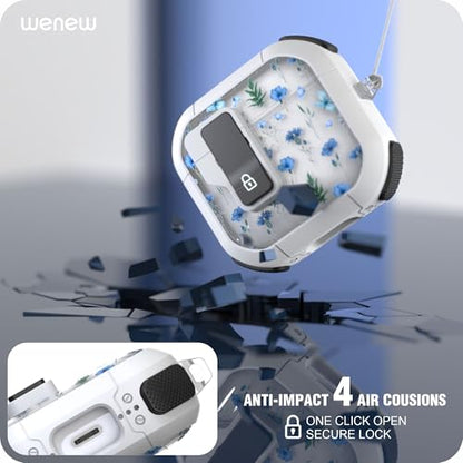 WENEW Case for AirPods 4th Case Cover Secure Lock Automatic Snap Switch Clip Cleaner Kit Lanyard Women Stylish Flower Armour Hard Shell Full Body Front LED Visible (Blue Flower, AirPods 4th) - color: Blue Flower, size: AirPods 4
