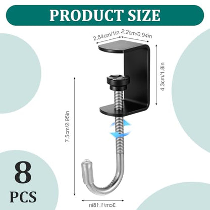 cobee Clamp-On Under Desk Hooks, Desk Mount Hanging Bag Holder Metal Hook | Adjustable Headphones Clamp Organizer Portable Purse Hanger Clip Reduce Clutter Table Desk Under Counter (8 Pcs, Black) - color: 8 Pcs, Black