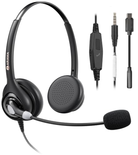 Arama Cell Phone Headset with Mic, 3.5mm Wired, USB-C Adapter | Answer Button, Noise Cancelling Mic, All-Day Comfort, Clear Voice Calls, iPhone, Andriod, Tablet, Zoom, Teams, Skype