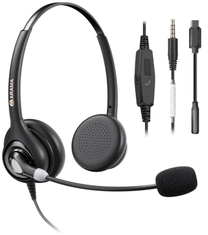 Arama Cell Phone Headset with Mic, 3.5mm Wired, USB-C Adapter | Answer Button, Noise Cancelling Mic, All-Day Comfort, Clear Voice Calls, iPhone, Andriod, Tablet, Zoom, Teams, Skype