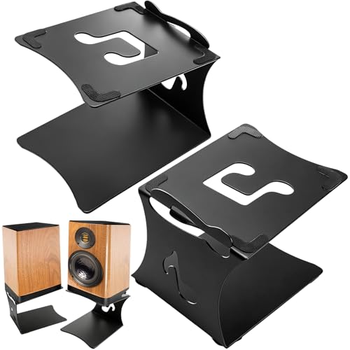 2 Pack Desktop Speaker Stands with Vibration Absorption Pads, Metal Bookshelf Speaker Riser Pair Support Up to 8 lbs Each, Desk Audio Stand, Studio Monitor Stand for Computer Speakers, Black