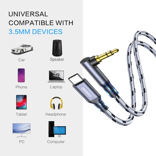 SNANSHI Aux to USB C Cable 3.3FT - 90 Degree Right Angle Nylon Braided USB C to Aux Cord for Car Stereo, Headphones, Speaker, Compatible with iPhone 17 16 15 Pro Max, Galaxy S25 S24, iPad, Pixel - size: 3.3FT