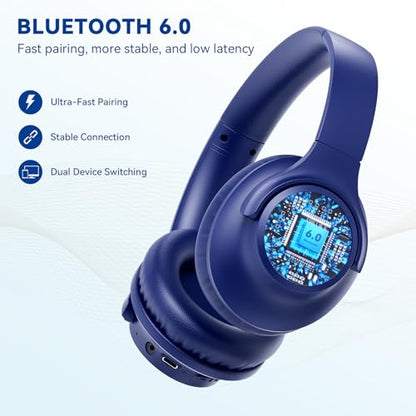 KVIDIO Bluetooth Headphones Over Ear, 65 Hours Playtime Wireless Headphones with Microphone, Foldable Lightweight Headset with Deep Bass, HiFi Stereo Sound Low Latency for Travel Work Cellphone - color: Blue
