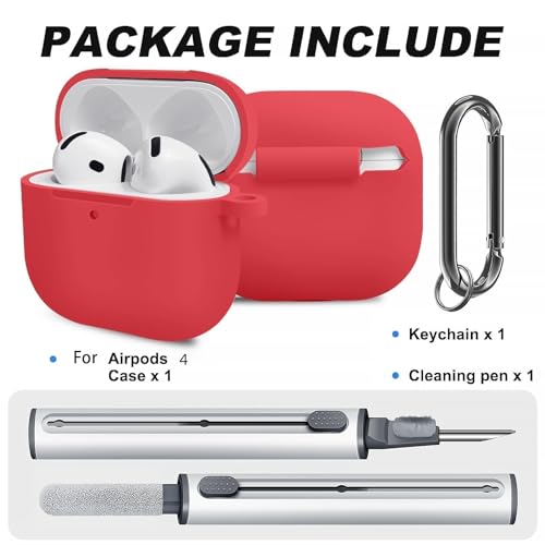 Silicone Case Cover for AirPods 4th Gen, Soft Skin, Full Protection, Keychain, Cleaner Kit (Red) - color: B1-Red