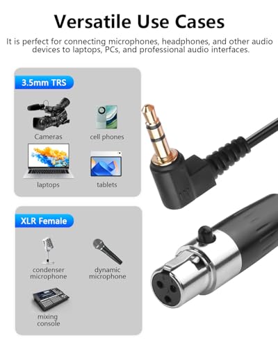 CERRXIAN 3.5mm to Mini XLR Stereo Audio Coiled Cable 90° 1/8" TRS Jack to 3 Pin Mini XLR Female Stereo Adapter Connector for Digital Camera, Microphone, Audio Mixer, Cell Phone, Laptop, Speaker 1.64Ft - size: 3.5MM TRS Male to 3 Pin Mini XLR Female