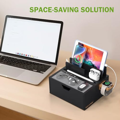 Pezin & Hulin Charging Station Dock with Charger HUB and Cables-Black | Nightstand Docking Station with Lined Tray & Drawer for Multi Device, Compatible with Tablet, Cell Phones, Watch & Earbuds - color: Black(With Charger)