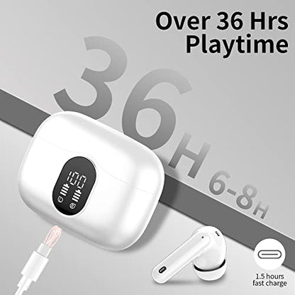 Btootos Wireless Earbuds Bluetooth 5.4 Headphones Bass Stereo Ear Buds with Noise Cancelling Mic LED Display in Ear Earphones IP7 Waterproof 36H Playtime for Laptop Pad Phones Sports Workout White | Ear Buds with Noise Cancelling Mic LED Display, 36H, IP7