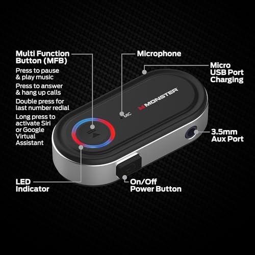Monster Bluetooth Audio Receiver for Car & Home Stereo, Wireless 3.5 mm AUX Adapter for Speakers & Wired Headphones, Hands-Free Calling, Siri & Google Assistant Compatible