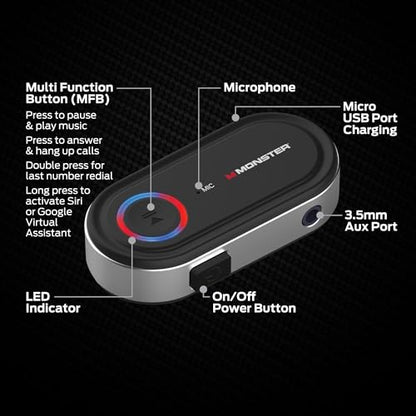 Monster Bluetooth Audio Receiver for Car & Home Stereo, Wireless 3.5 mm AUX Adapter for Speakers & Wired Headphones, Hands-Free Calling, Siri & Google Assistant Compatible