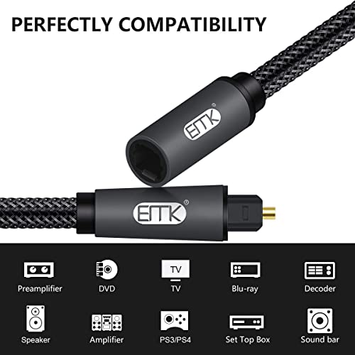 EMK Optical Extension Cable Male to Female Coupler Cord Nylon Braided Jacket 24K Gold-Plated Fiber Digital Extension Adapter Cable for Home Theater Sound bar TV 6.6ft - size: 6.6ft/2m