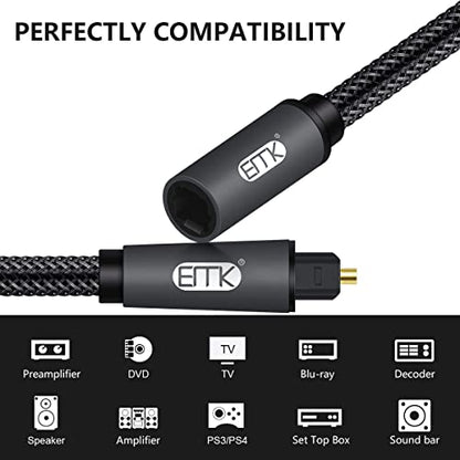 EMK Optical Extension Cable Male to Female Coupler Cord Nylon Braided Jacket 24K Gold-Plated Fiber Digital Extension Adapter Cable for Home Theater Sound bar TV 6.6ft - size: 6.6ft/2m
