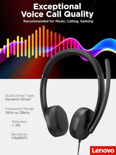 Lenovo 115 USB-A/USB-C Wired Stereo Headset – Lightweight, Noise-Cancelling, in-Line Control Box, USB-A to USB-C Adapter, Over-Ear Design, Headset with Mic for PC and Laptop, Black