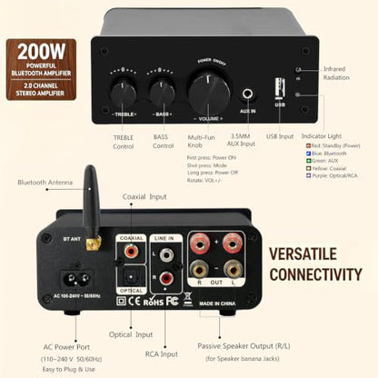 LONPOO 200W Bluetooth Audio Amplifier with DAC for Bookshelf Speaker HiFi | TPA3116 Chip, 2.0 Channel, Optical Coaxial USB RCA Aux Input, Plug and Play, Low Distortion, Black - color: all black