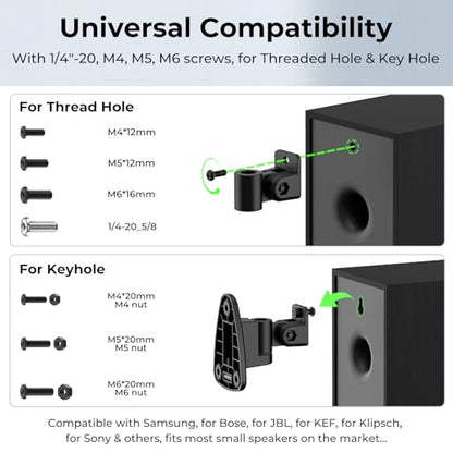 Upgraded Universal Metal Speaker Wall Mount, Swivel & Tilt, Speaker Mount for Small Speakers with 1/4-20, M4 M5 M6 Thread & Keyhole, For Samsung, Bose, JBL, Klipsch, Sony, Built-In Level, 2 Pack