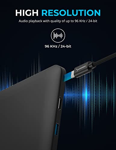 SABRENT USB-C to 3.5mm Audio Jack Active Adapter, 20in (CB-UC35) | Dual-function 3.5mm audio jack (headphone + mic); active adapter; 20-inch cable