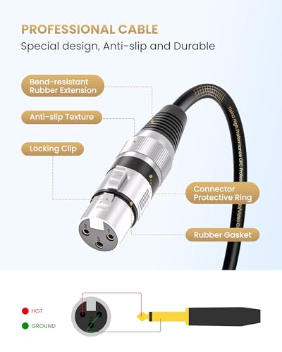 Tisino Female XLR to 1/4 (6.35mm) TS Mono Jack Unbalanced Microphone Cable Mic Cord for Dynamic Microphone - 25 FT/8 Meters | 1/4" Mono to XLR Female Cord for Dynamic Microphones/Speaker/Mixer, Gold-Plated Shielded 20AWG OFC Cable - size: 25 feet