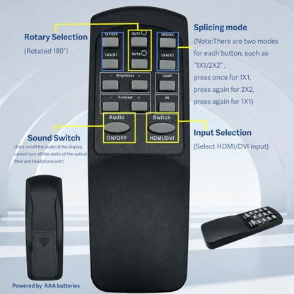 2x2 4k Video Wall Controller, Transform 4 TV Screens into a Single Wall Display with HDMI & DVI 4K Input, 180° Rotation, Audio Output, IR Remote/RS232/Button Press Control