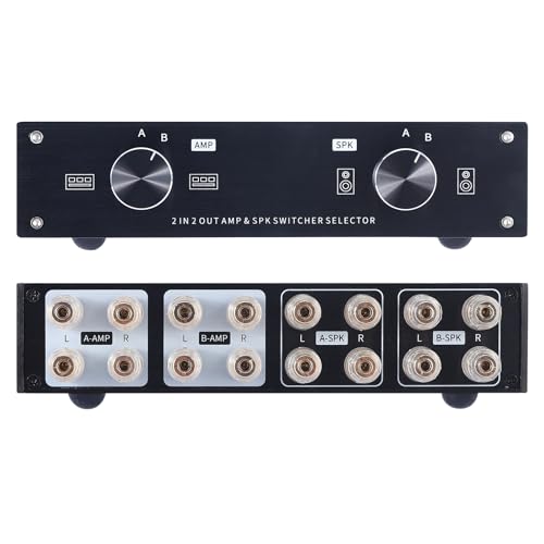 2 Zone Amplifier Speaker Lossless Switcher Selector, 2 in 2 Out Amps Speakers Switch Control Box Splitter, 2 Way Stereo Audio A B Switches