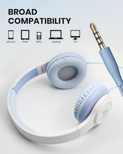 GE01 On-Ear Headphones w/Mic, Portable Lightweight Folding Stereo Bass Headphones for Smartphone, Tablet, Computer - Kids School (Blue)