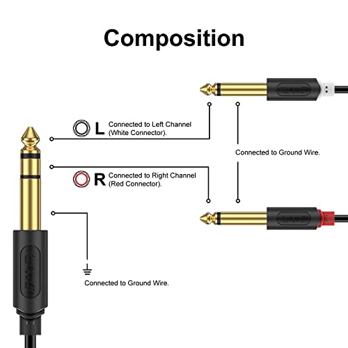 J&D 1/4 Inch TRS to Dual TS Y Splitter Cable, Gold Plated 6.35mm Stereo Male to 2 Mono Male Breakout Cable for Audio Interface, Mixer, Amplifier [Audiowave Series], 15 Feet - size: 15 Feet