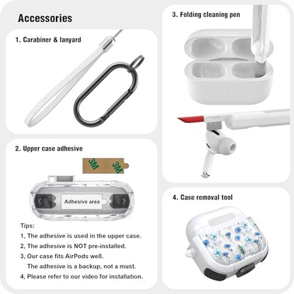 WENEW Case for AirPods 4th Case Cover Secure Lock Automatic Snap Switch Clip Cleaner Kit Lanyard Women Stylish Flower Armour Hard Shell Full Body Front LED Visible (Blue Flower, AirPods 4th) - color: Blue Flower, size: AirPods 4