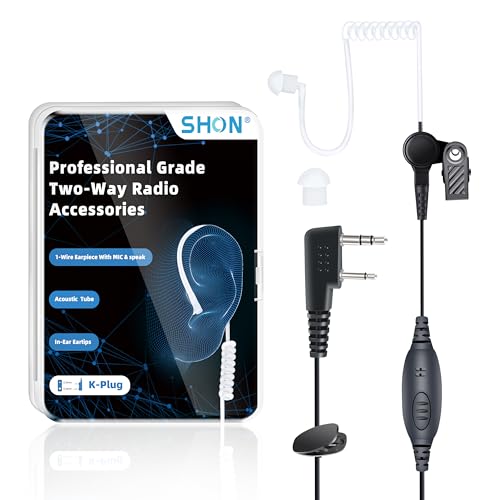 SHON Earpiece for Walkie Talkie Radio with Microphone, 2 Pin Sound Tube Headset,Compatible with Kenwood Baofeng Retevis and Other Two Way Radios (1 Set/Black)