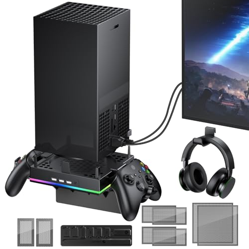 RGB Wall Mount for Xbox Series X -Sturdy Shelf Holder Load Up 10Kg | Integrated Ventilation, RGB Light, 3 USB Port, Prevent Falling, 2 Holder, Headphone Stand & Dust Cover Kit - Wall