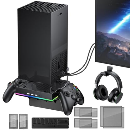 RGB Wall Mount for Xbox Series X -Sturdy Shelf Holder Load Up 10Kg | Integrated Ventilation, RGB Light, 3 USB Port, Prevent Falling, 2 Holder, Headphone Stand & Dust Cover Kit - Wall