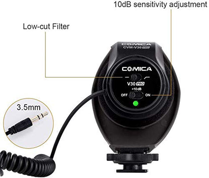 CVM-V30 PRO BLACK Super-Cardioid Directional Electric Condenser Shotgun Camera & Video Microphone for Canon Nikon Sony Panasonic Fujifilm Olympus DSLR Camera for Both 3.5mm & XLR + Dual Bracket