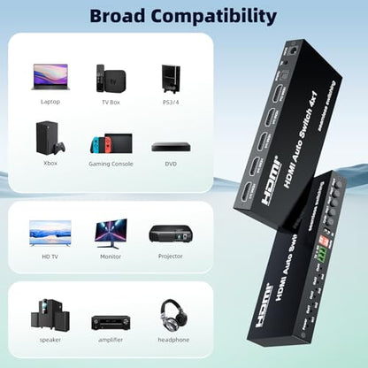 HDMI Switch 4 In 1 Out, 1080P@60Hz 4 Ports HDMI Switch with Seamless Timing Cycle Switching, RS232, IR Remote, Supports Optical + 3.5mm L/R Audio Extractor, Auto Switch for DVD, HD Player, PS4, TV Box